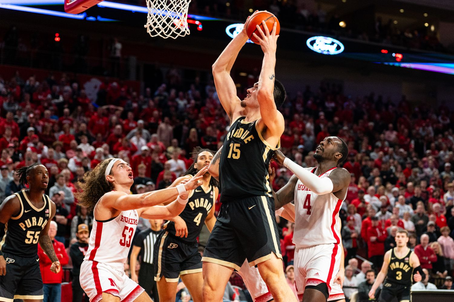 Purdue center Zach Edey shoots the ball against Nebraska  forwards Josiah Allick (53) and Juwan Gary (4) during the second half at Pinnacle Bank Arena in Lincoln. (Jan 9, 2024)